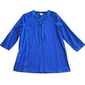 NWT Jaclyn Smith Collection Blue Linen Blend Sequin Tunic Top Sz L Coastal Chic